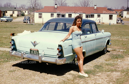 Lady, Woman, Swimsuit, Car, 1955 Dodge Coronet Lancer Hardtop, Automobile, Vehicle, 1950s