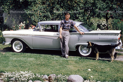 Man, Male, Dog, Whitewall Tires, Ford Fairlane, Car, vehicle, 1950s