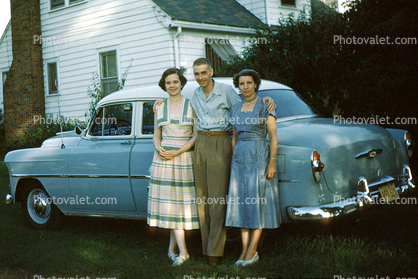 Women, Man, friends, dress, pants, shirt, Car, vehicle, Chevy Belair, 1950s