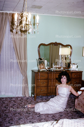 Lady in a formal dress, Mirror, room, 1960s