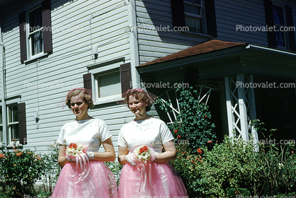 Formal Dress, Girls, sisters, corsage, 1950s