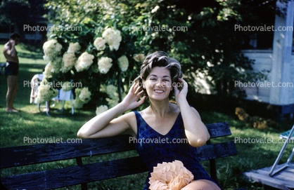Smiling Woman, backyard, bench, swimsuit, 1960s