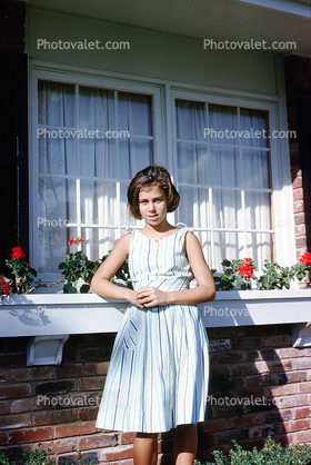 Teenage Girl, Dress, window, flower planter, 1960s
