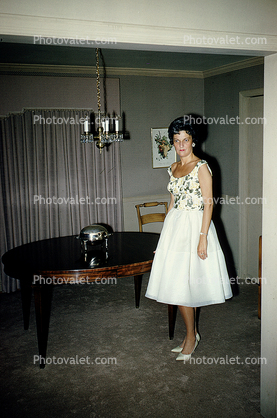 Woman, Formal Dress, table, carpet, high heels, 1960s
