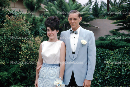 Couple, corsage, backyard, Bouffant Hairdo, Woman, Man, girl, boy, belt, 1960s