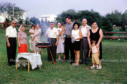 Bar bq, backyard, table, group, family, 1970s