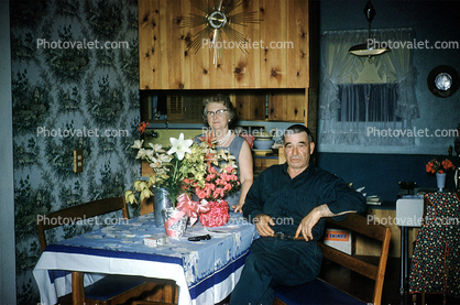 Dining Room, flowers, table, clock, woman, man, tablecloth, 1950s