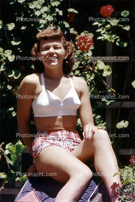 Woman, Smiles, Bra, Shorts, Legs, Summer, 1950s