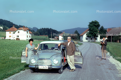 1958 Auto Union 1000 DKW, Audi, Minicar, village, houses, homes, road, highway, woman, man, Cars, vehicles, August 1961, 1960s