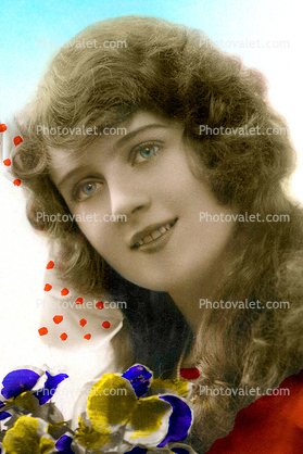 Woman with Flowers, Smiles, RPPC, 1920's