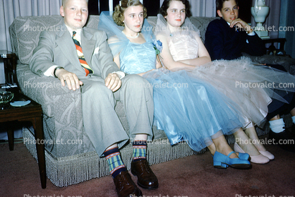 girls, boys, formal suit, sofa, couch, 1940s