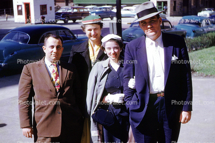 Coats, hat, men, women, Car, automobile, Akron Ohio, 1950s