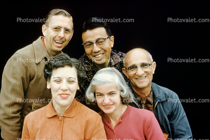 group, smiles, laughter, glasses, gray hair, bald, 1950s