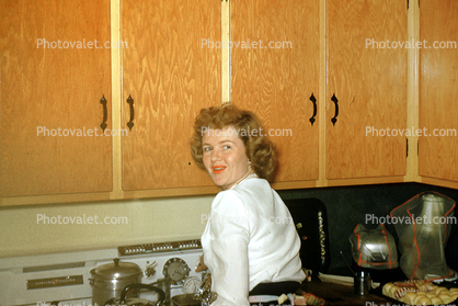 Woman, Cupboards, Stove, Shirt, Alice Bush, 1953, 1950s, Parkforest Illinois