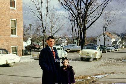 Father with Daughter, Oldsmobile Car, Suburbia, Homes, 1950s
