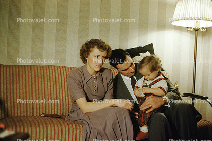 Mother, Father, Daughter, girl, woman, man, couch, lamp, 1940s
