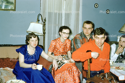 Family Group, lamp, dress, shirts, 1940s