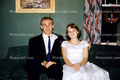 Boy, Girl, prom night, suit and tie, dress, curtains, 1950s