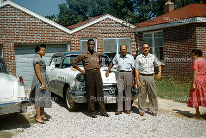 Group Portrait, brick house, home, Oldsmobile, 1950s