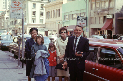 Family Group Portrait, cars, downtown San Francisco, coats, 1960s