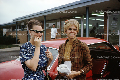 Mod Ladies, smiling, car, cateye glasses, 1960s