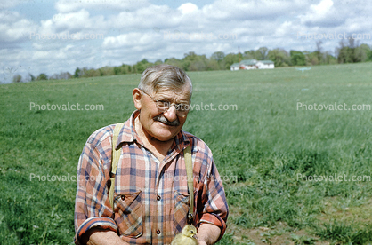 Smiling Man, Mustache, suspenders, field, smiles, 1950s