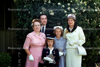 Group Family Portrait, formal dress, hats, smiles, 1950s