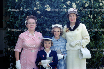 Group Family Portrait, formal dress, hats, smiles, 1950s