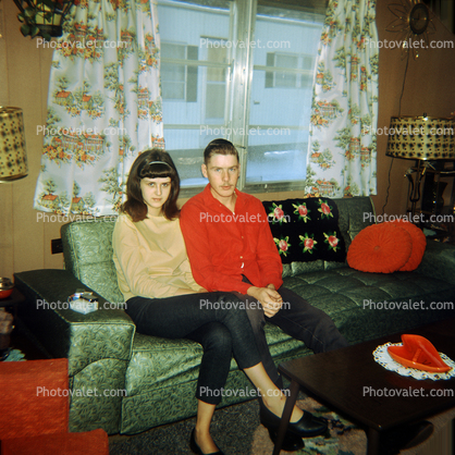Girlfriend, boyfriend, Woman, Man, Couple, sofa, couch, curtains, table, pillows, lamp, 1960s