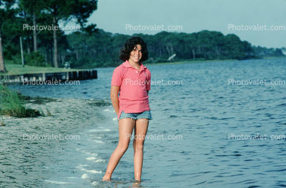 Girl Wading in the Lake, water, shorts, smiles, shoreline