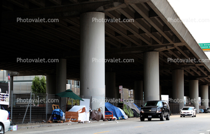 Homeless Encampment, shantytown, tents, shelter, cars, SUV, 7th Street, Interstate Highway I-280
