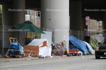 Homeless Encampment, shantytown, tents, shelter, 7th Street, Interstate Highway I-280