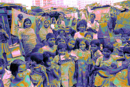 Group, girls, boys, slum, Mumbai, India