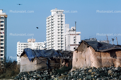 Shacks, Homes, apartment buildings, contrast, rich, poor, Mumbai