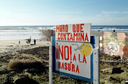 No Trash!, Tijuana, Imperial Beach, ocean, waves, fence, shore, Caution, warning, Wall