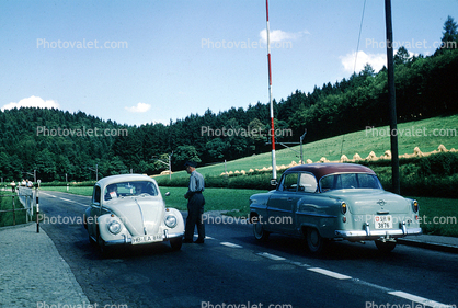 Volkswagen Car, street, border crossing gate, mountains, alps, German Swiss border, 1963, 1960s