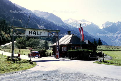 Halt, building, hut, border crossing gate, mountains, Alps, Austria, October 1970