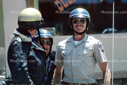 Motorcycle cops, smiling, friendly, CHP