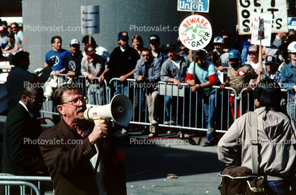 Man on a Bullhorn, Labor Strike, placards, posters, Moscone Center, SOMA
