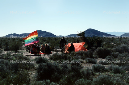 Campers, Tent, desert, shrub, Gay Freedom Flag, Nevada Test Site