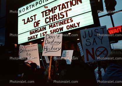 Last Temptation of Christ, North Point Theatre, marquee, Last Temptation of Christ movie, protest