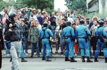 Police Line, helmets, stun gun, Peoples Park Protest, Berkeley California, August 1991