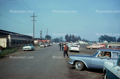 Strikers Assemble somewhere in the midwest, cars, street, Chevy, Ford, 1950s