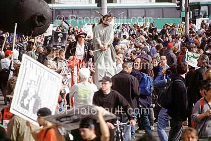 Crowds, Protesting War, Statue of Liberty, Uncle Sam, stilts