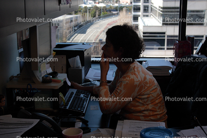 Woman, monitor, computer, office