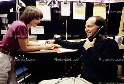 Man on the Phone, desk, cubicle, Woman, meeting, meet, converse, interacting, interaction, conversing, conversation, 1979, 1970s