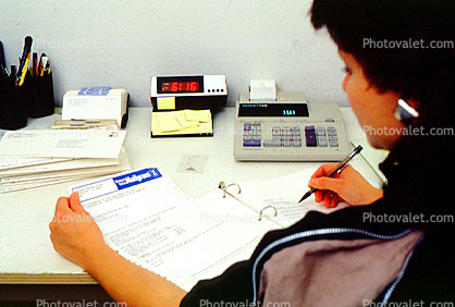 Business Woman, calculator, rolodex, LED clock, binder, paper, 1983, 1980s