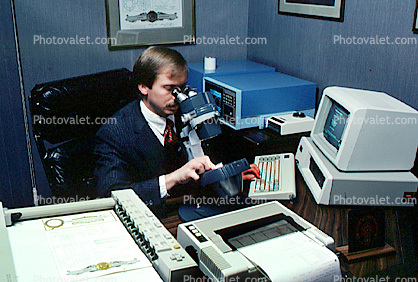 Microscope, Gold Trader, gems, printer, Office, worker, employee, desk, people, broker, stocks and bonds, Busy office, workers, employees, phone, person, 1984, 1980s