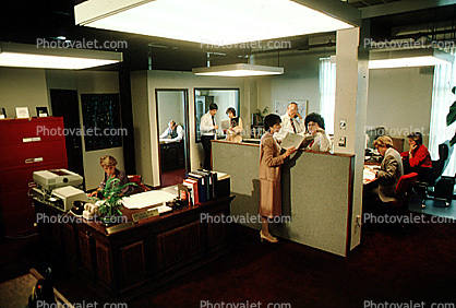 Receptionist, office, people, persons, workers, computers, women, men, 1984, 1980s