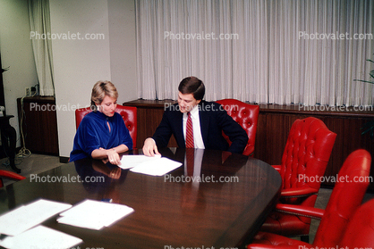 Conference room, Woman, Man, table, chairs, curtain, Business Woman, 1980s, businessman